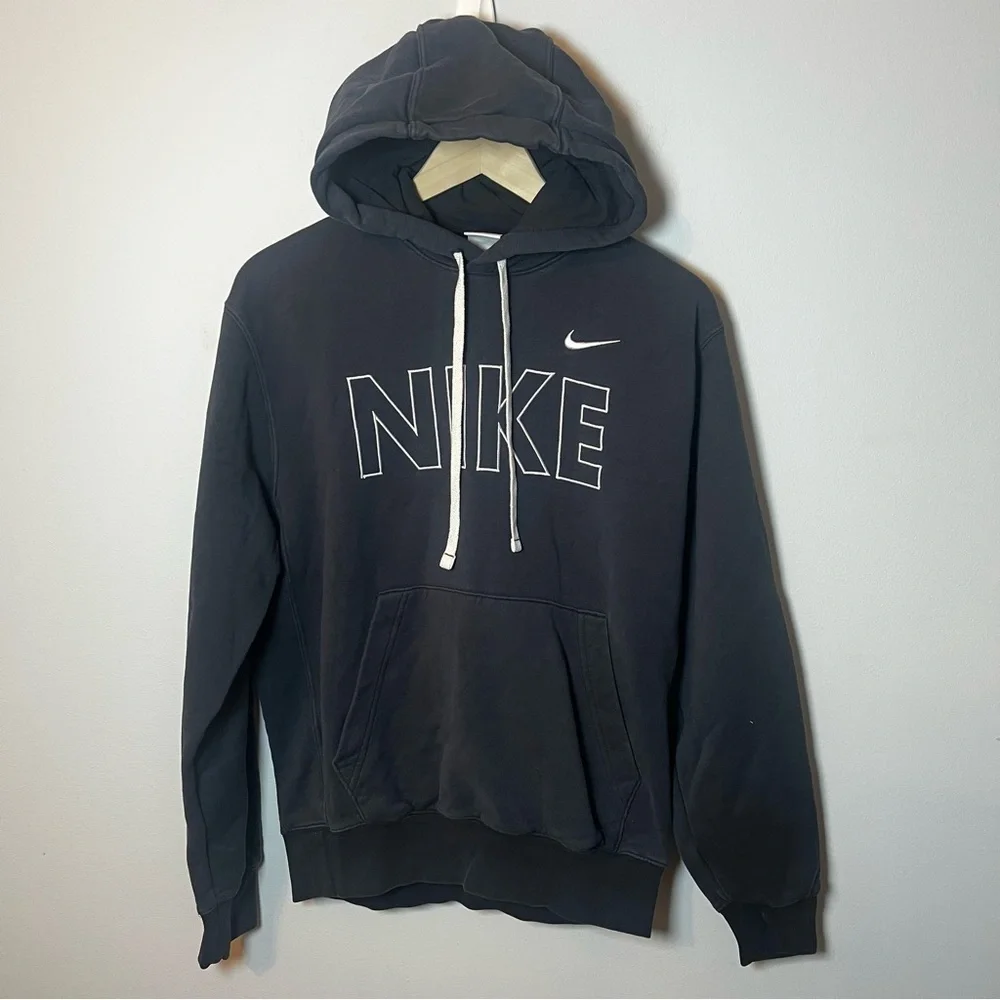 NIKE Fleece Outline Hoodie Men’s S Black Pullover Logo Embroidered Sweatshirt